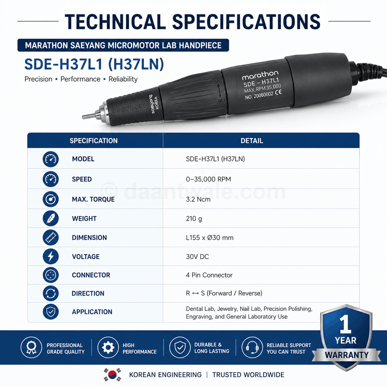 Marathon Saeyang Micromotor Lab Handpiece SDE - H37L1
